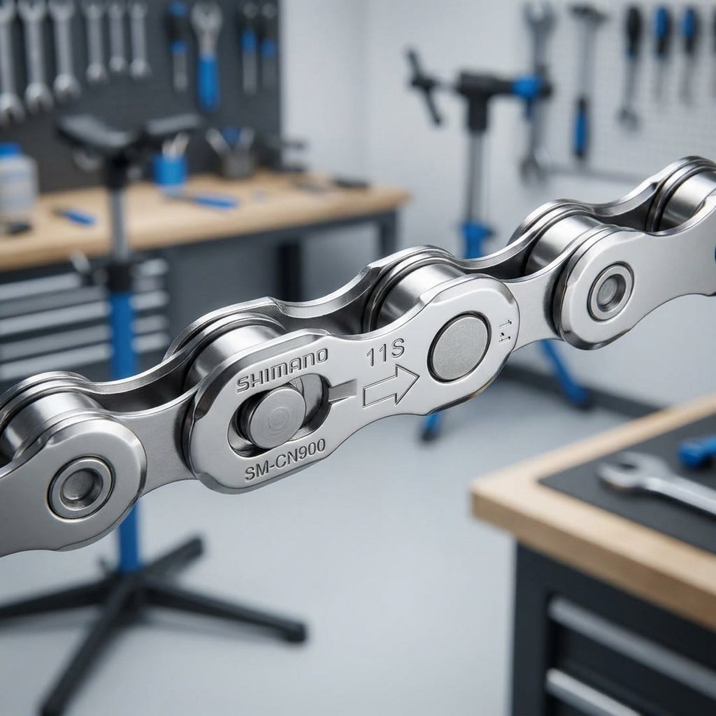 Shimano SM-CN900 11-fach Kettenschloss detailliert in einer Fahrradwerkstatt.