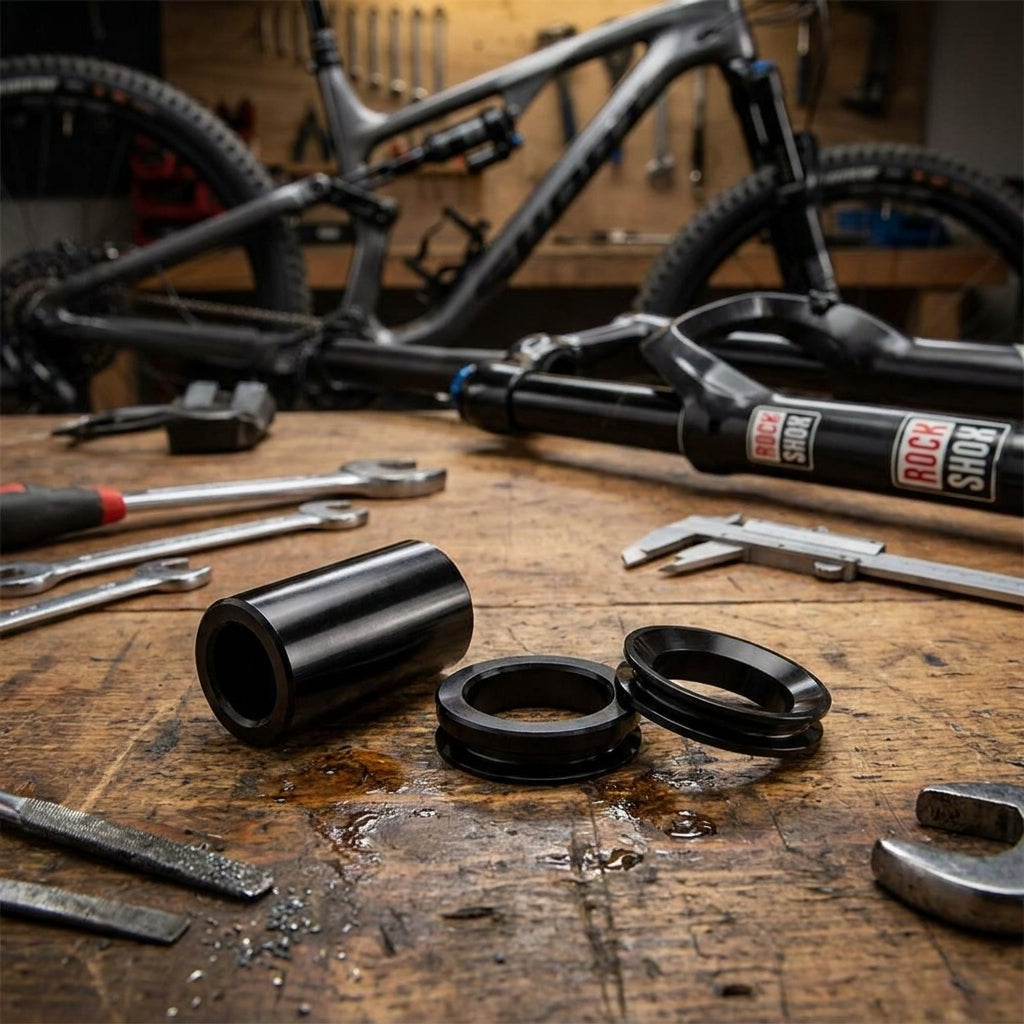 RockShox 3-teiliges Hinterbaudämpfer-Montagezubehör auf Werkbank. Fahrradgabel und Werkzeuge im Hintergrund.