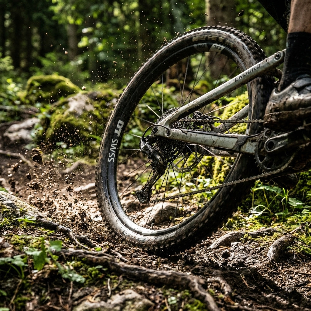 DT Swiss EXC 1501 SPLINE ONE Enduro-Carbonlaufrad in Schwarz am Mountainbike auf Waldweg mit Schlammspritzern.