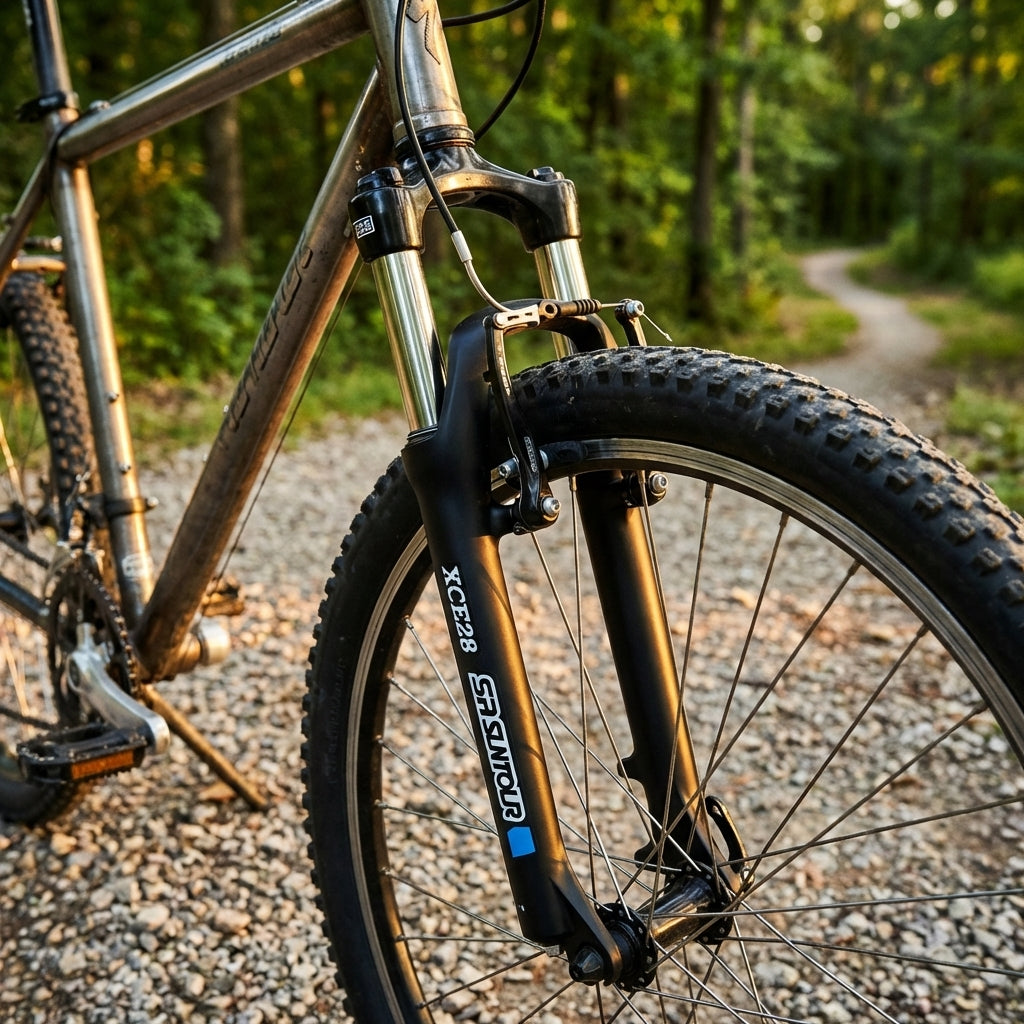 Schwarze SR Suntour XCE28 Federgabel mit V-Brake an einem Mountainbike auf einem Waldweg.
