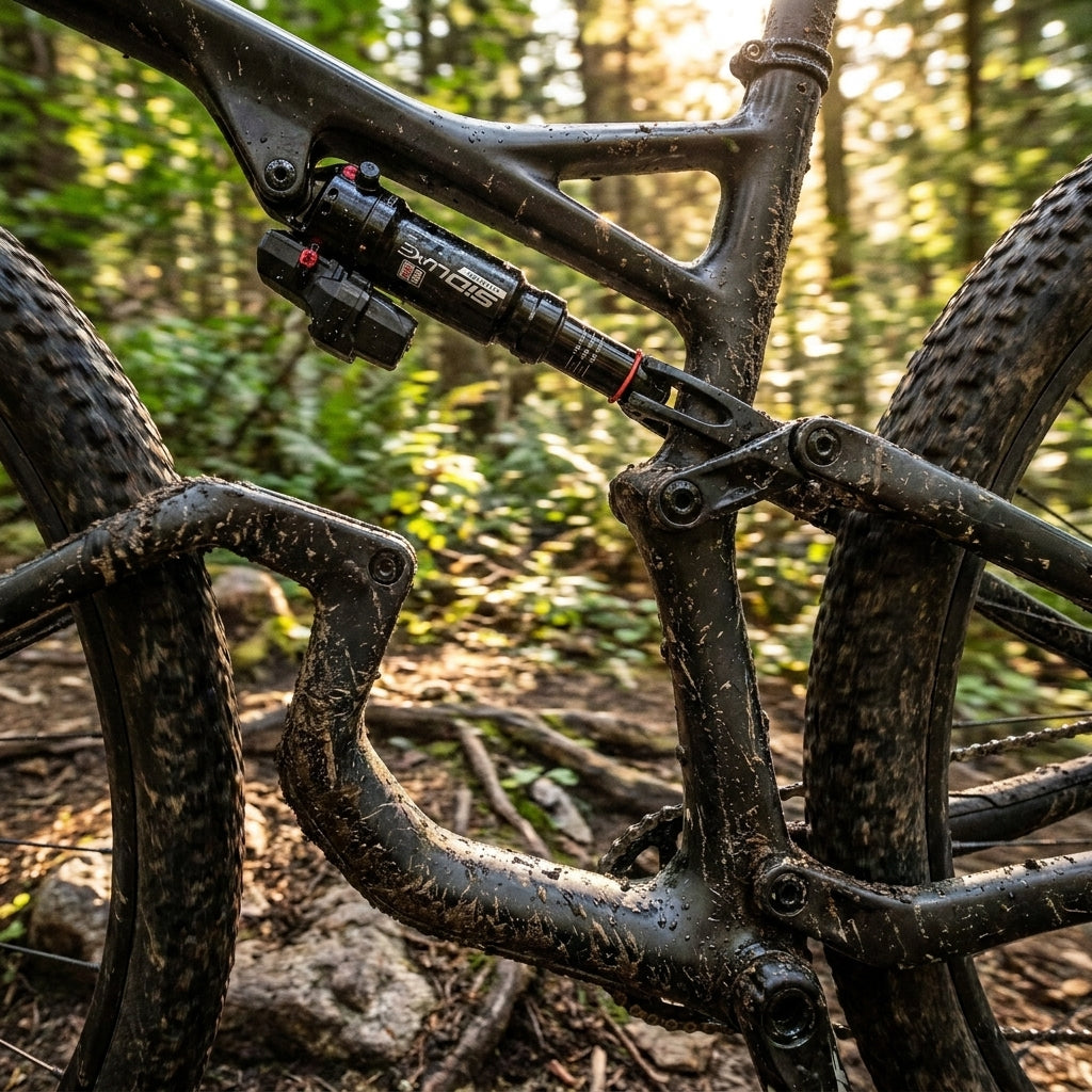 Dämpfer RockShox SIDLuxe Ultimate FA sw an matschigem Specialized Epic Evo Trailbike im sonnigen Wald.
