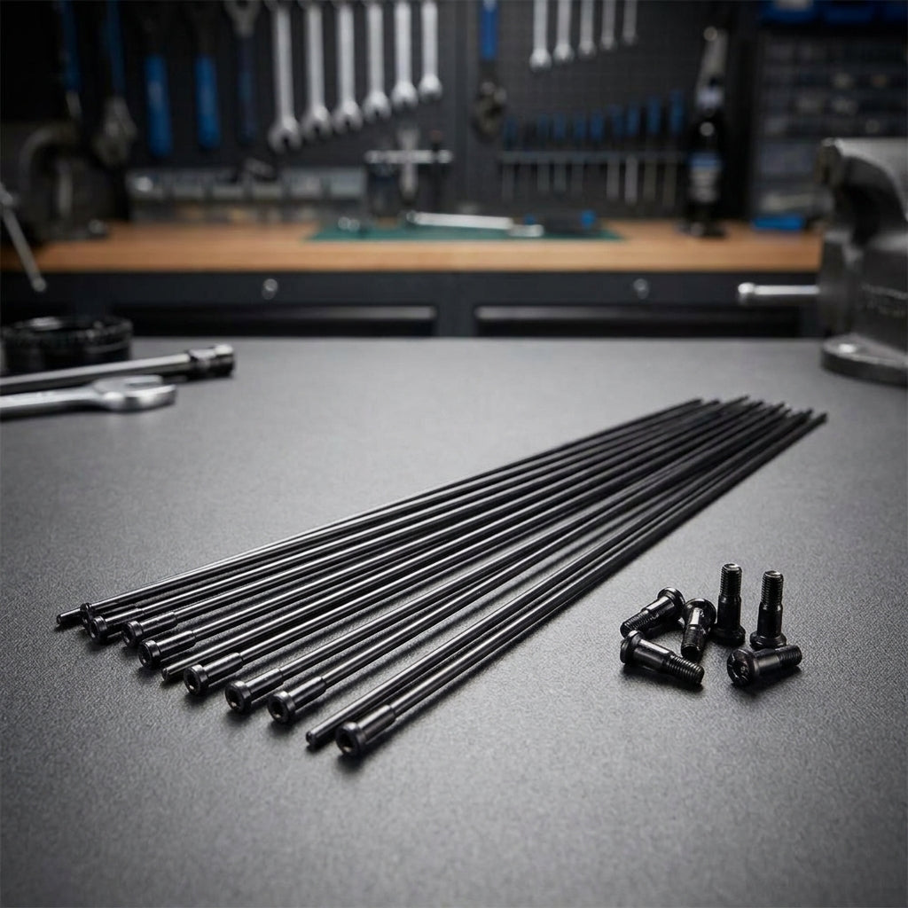 DT Swiss Speichenkit EXC1200 SPLINE 29" VR/HR Schwarz. Schwarze Fahrradspeichen und Nippel auf Werkbank.