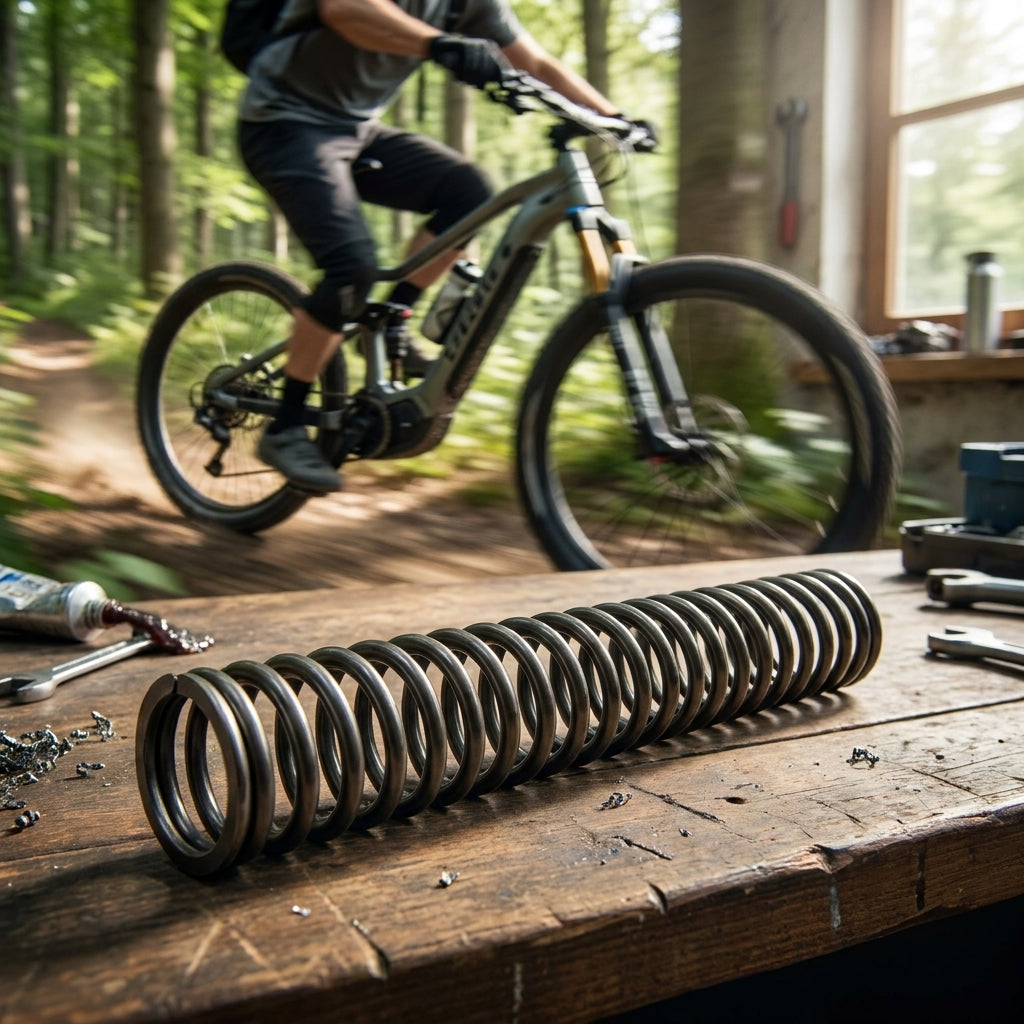 Spiralfeder SR-Suntour weich für SF18/19 MOBIE25 75mm auf Werkbank, Mountainbiker im Hintergrund.