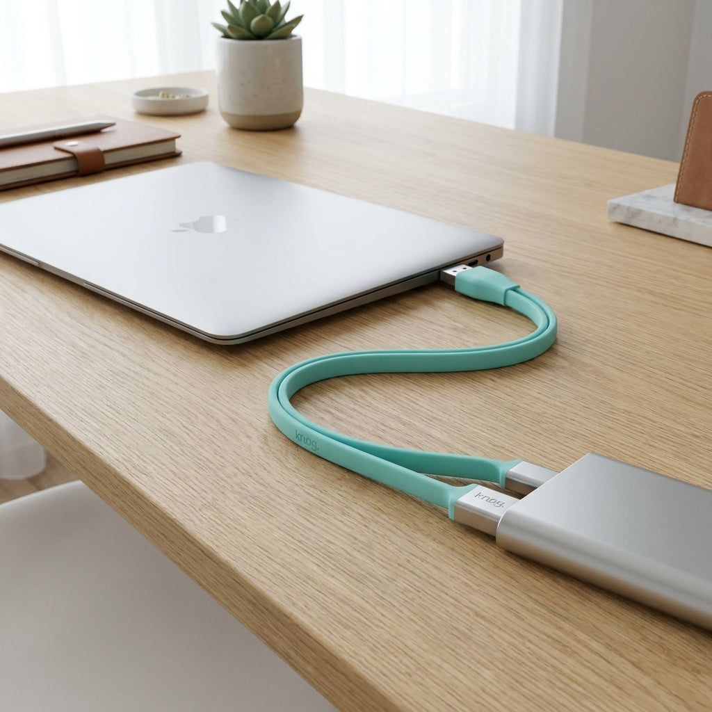 Knog USB Verlängerungskabel Türkis verbindet Laptop mit externem Gerät auf Holzschreibtisch.