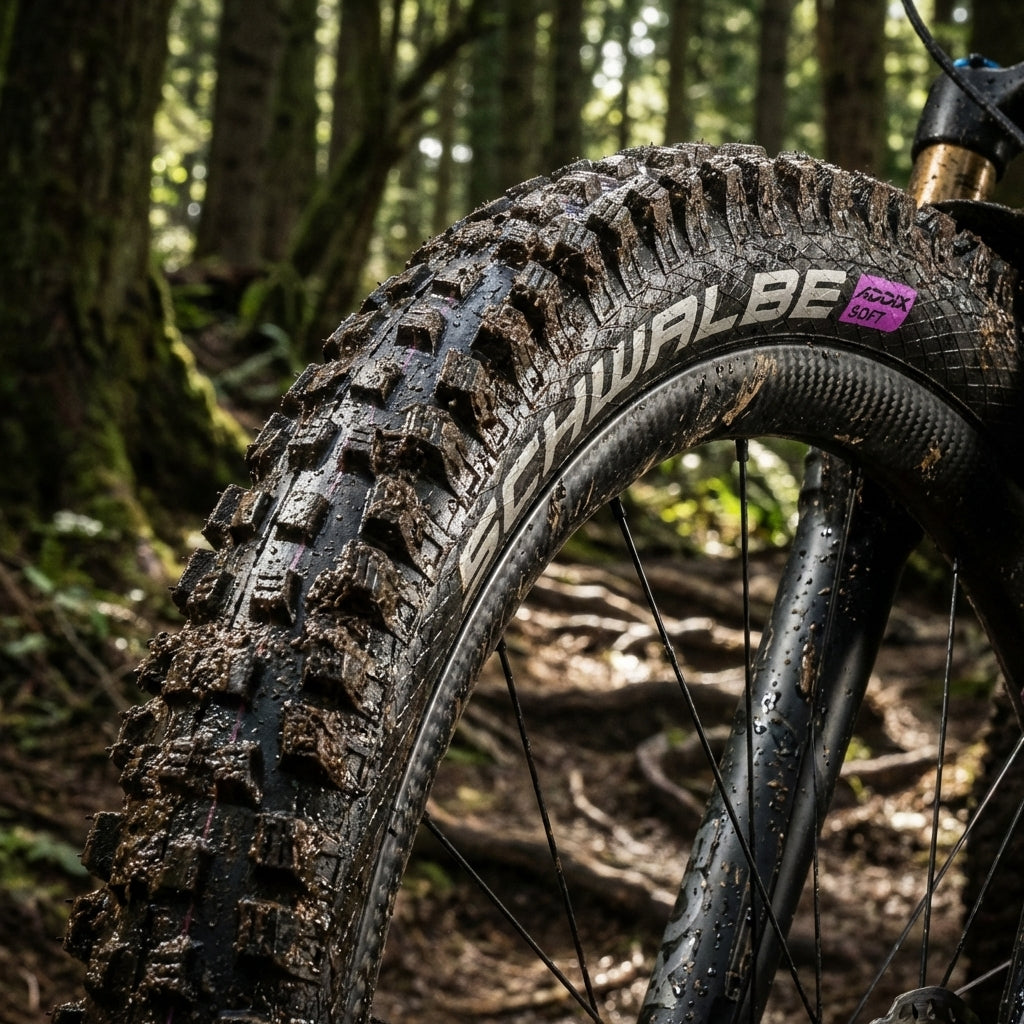 Schlammiger Schwalbe Magic Mary 27.5x2.60" Mountainbike-Reifen auf schlammigem Waldweg mit ADDIX SOFT.