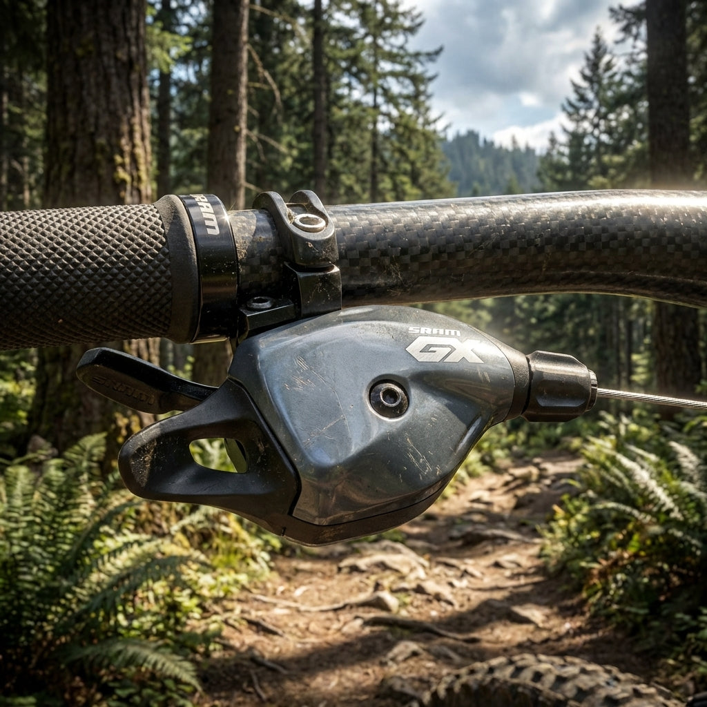 SRAM GX Eagle 12-fach Trigger-Schalthebel für präzisen MTB-Schaltkomfort am Lenker auf einem Waldweg.