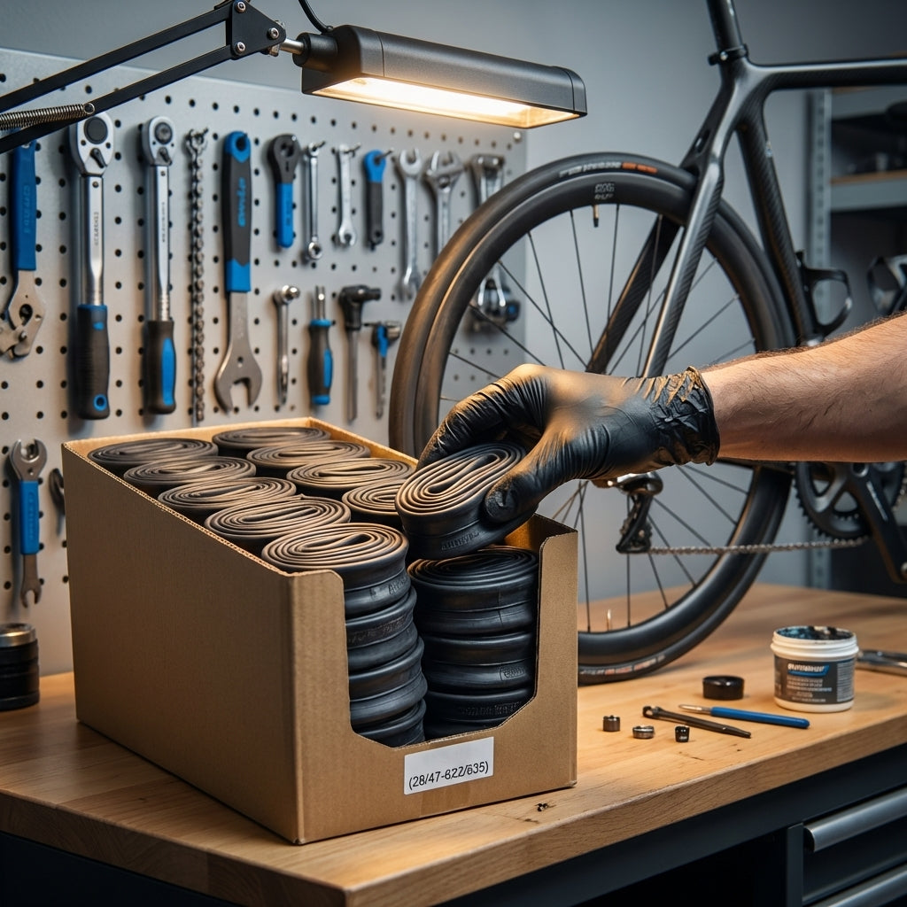 Schwalbe Schlauch DV13 Werkstattpackung: Hand nimmt Fahrradschlauch aus Karton.
