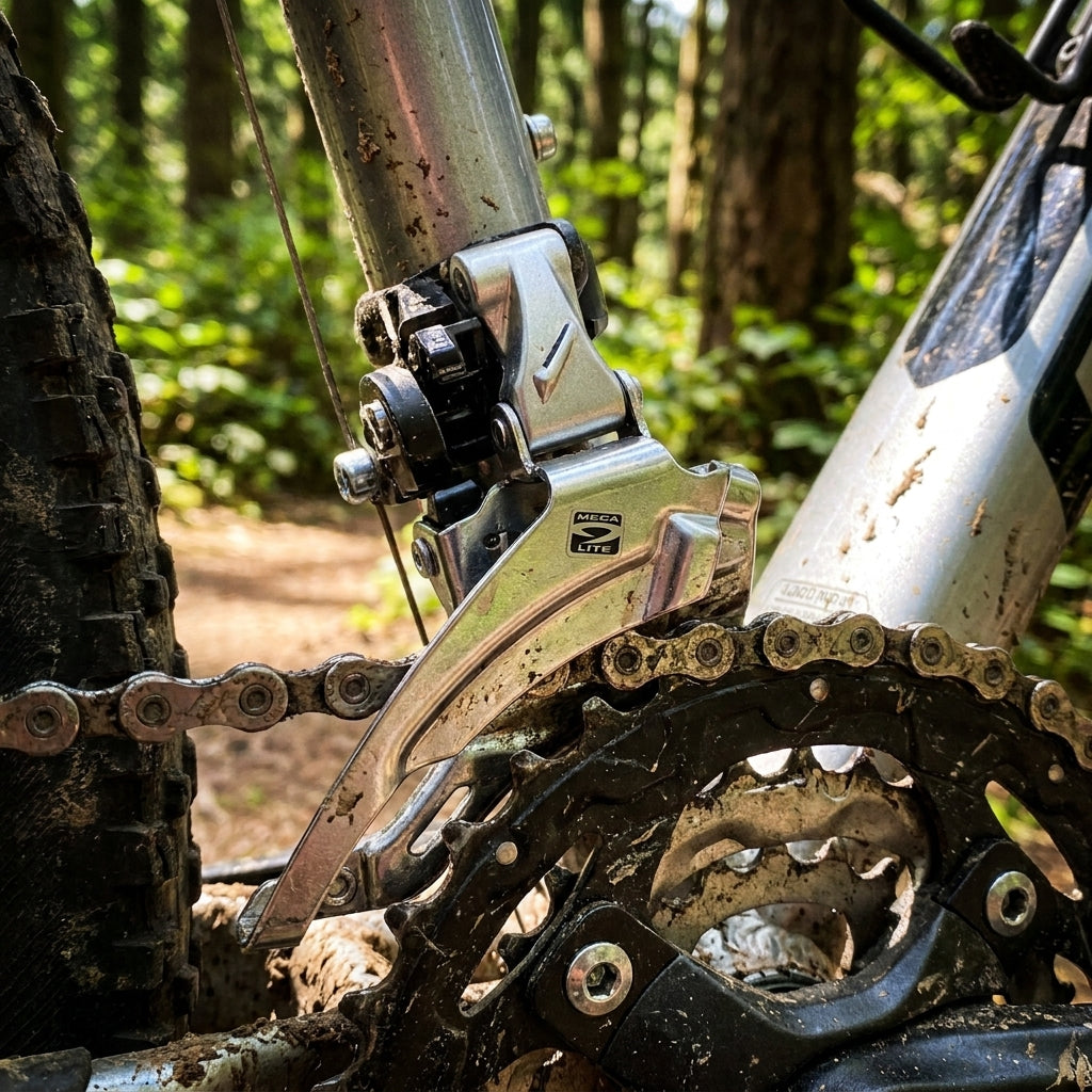 Schlammiger SHIMANO Umwerfer ALTUS FD-M2000 3-fach Meca Lite am MTB für präzise Schalt-Performance.