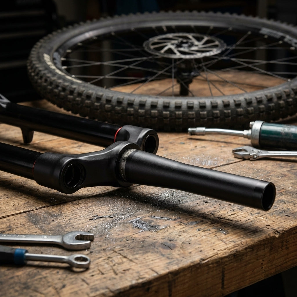 RockShox Pike 29er Mountainbike Gabel Krone und konischer Gabelschaft, matt schwarz, auf Werkbank mit Rad und Werkzeug.