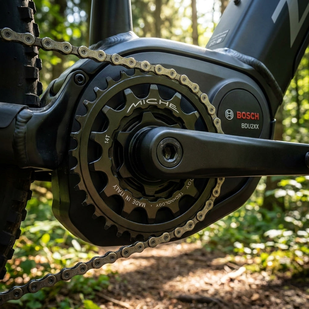 Miche E-Bike Kettenblatt 14 Zähne für Bosch BDU2XX Motoren aus gehärtetem Stahl. Präzises Antriebsritzel für maximale Haltbarkeit.