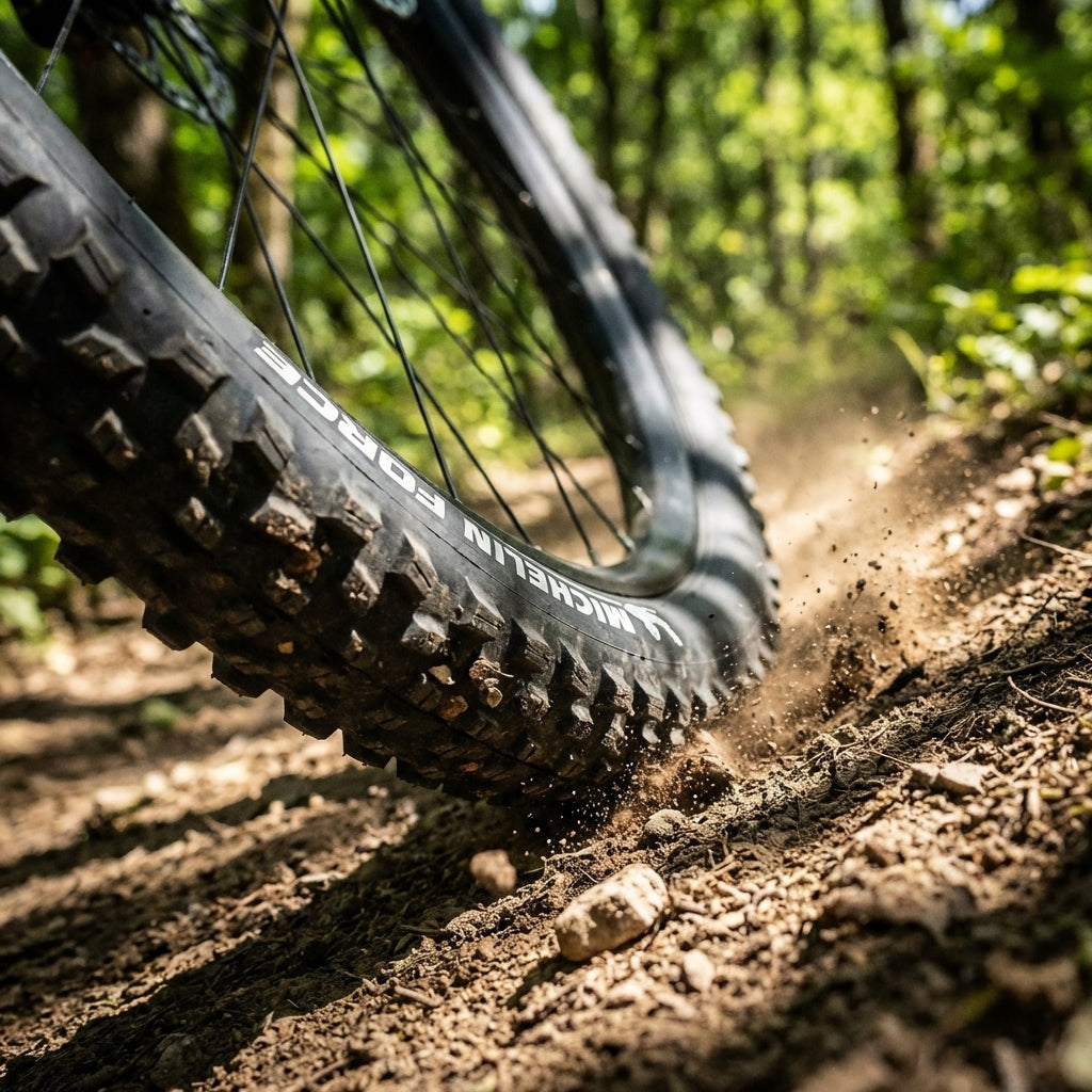Michelin Force Access Line 27.5" Mountainbike-Reifen auf Waldweg, wirbelt Staub auf.