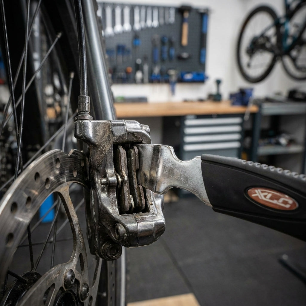 XLC Scheibenbremskolben-Justierhilfe TO-S34 justiert Fahrrad-Scheibenbremse in Werkstatt.