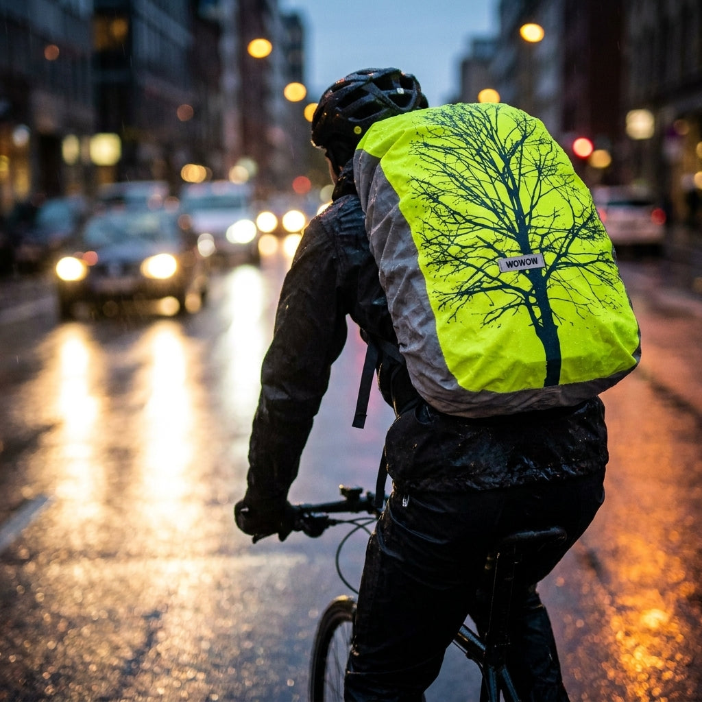 Wowow Rucksackhülle Ottawa gelb 20-25l mit Baum-Design an Radfahrer im Regen für hohe Sichtbarkeit.