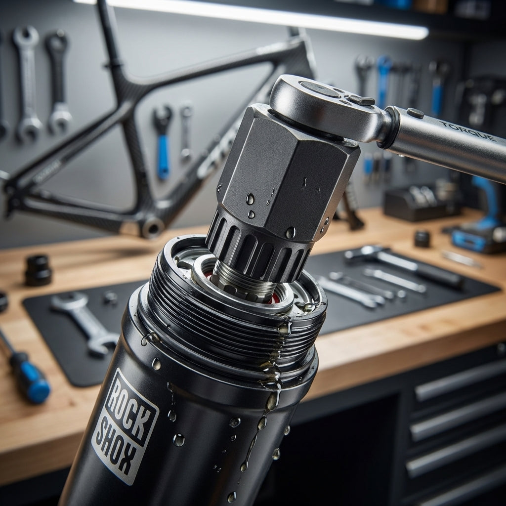 Rockshox Dämpfer Abzieher Sid Paragon 00.4318.012.003 mit Drehmomentschlüssel bei der Dämpferwartung in Werkstatt.