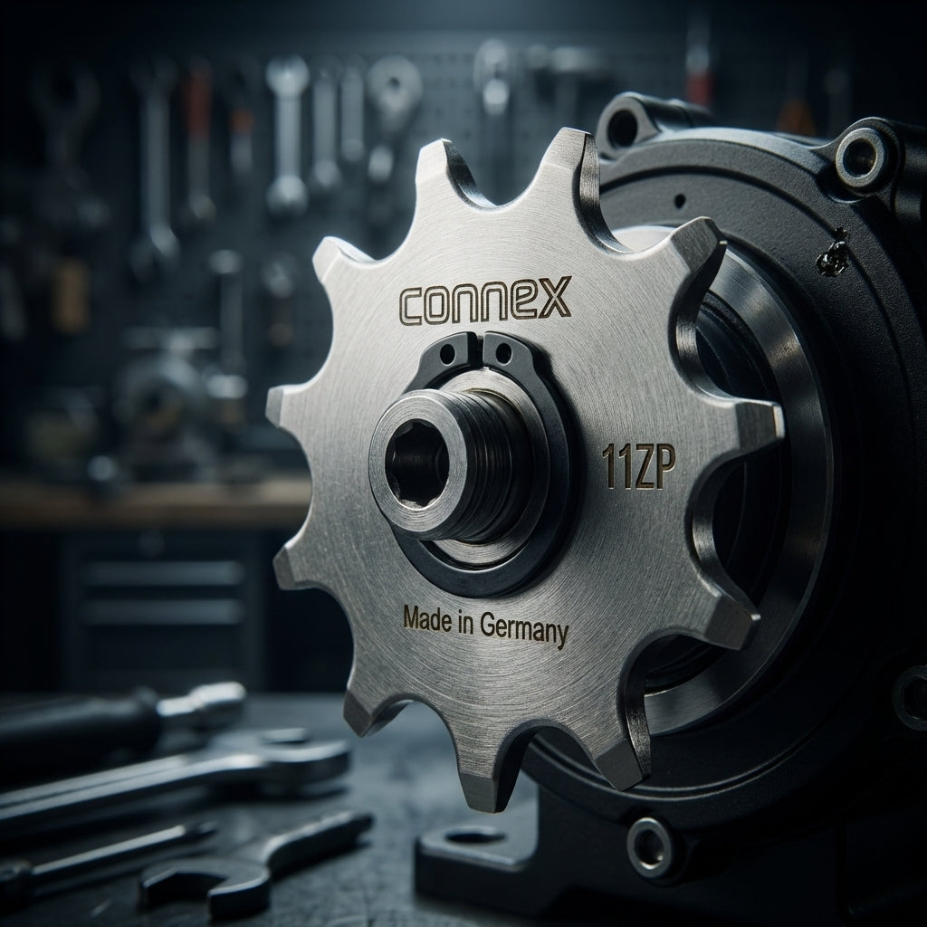 Connex Ritzel 1/2X 3/32 11 Z für Panasonic. Hochwertiges Fahrrad-Ritzel, Made in Germany, auf Werkbank.