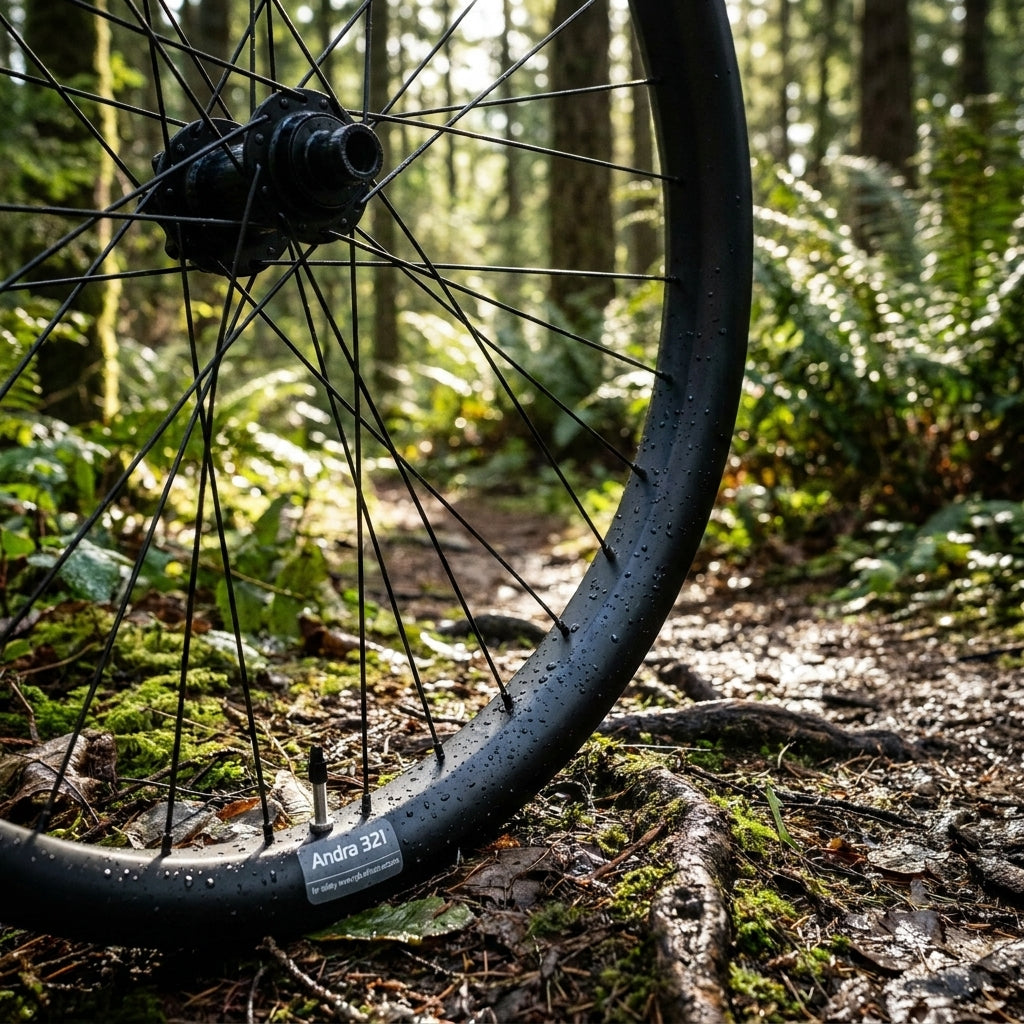 Ryde Felge ANDRA 321 Disc, schwarz, 32 Loch, nass im Wald auf moosigem Pfad.