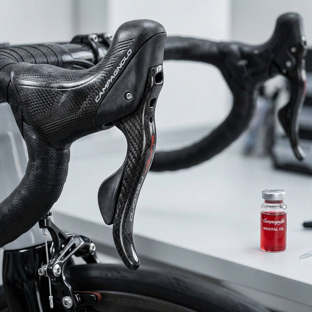 Campagnolo Super Record 12-fach Carbon Brems-Schaltgriff, VR-Zange und Mineralöl.
