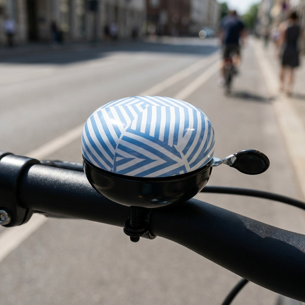 XLC Fahrradklingel Mingun DD-M09 blau weiß gestreift am Lenker auf der Straße.