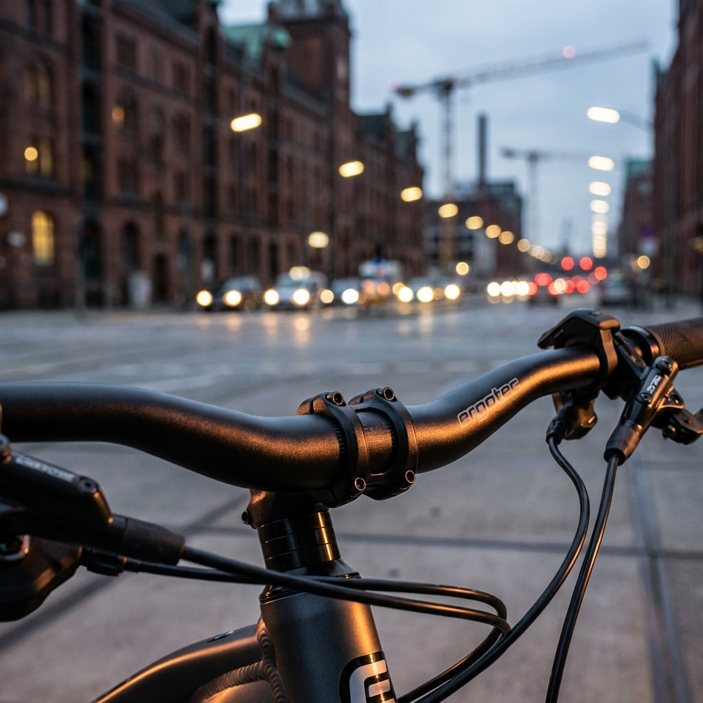 Ergotec Lenkerbügel Town Exclusive Stahl schwarz am Fahrrad vor beleuchteter Stadtkulisse.