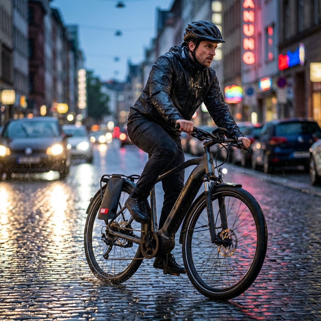 Spritzlappen Latz-E Plus Snap 70 Fahrer schwarz am E-Bike mit Fahrer im Regen auf Kopfsteinpflaster.
