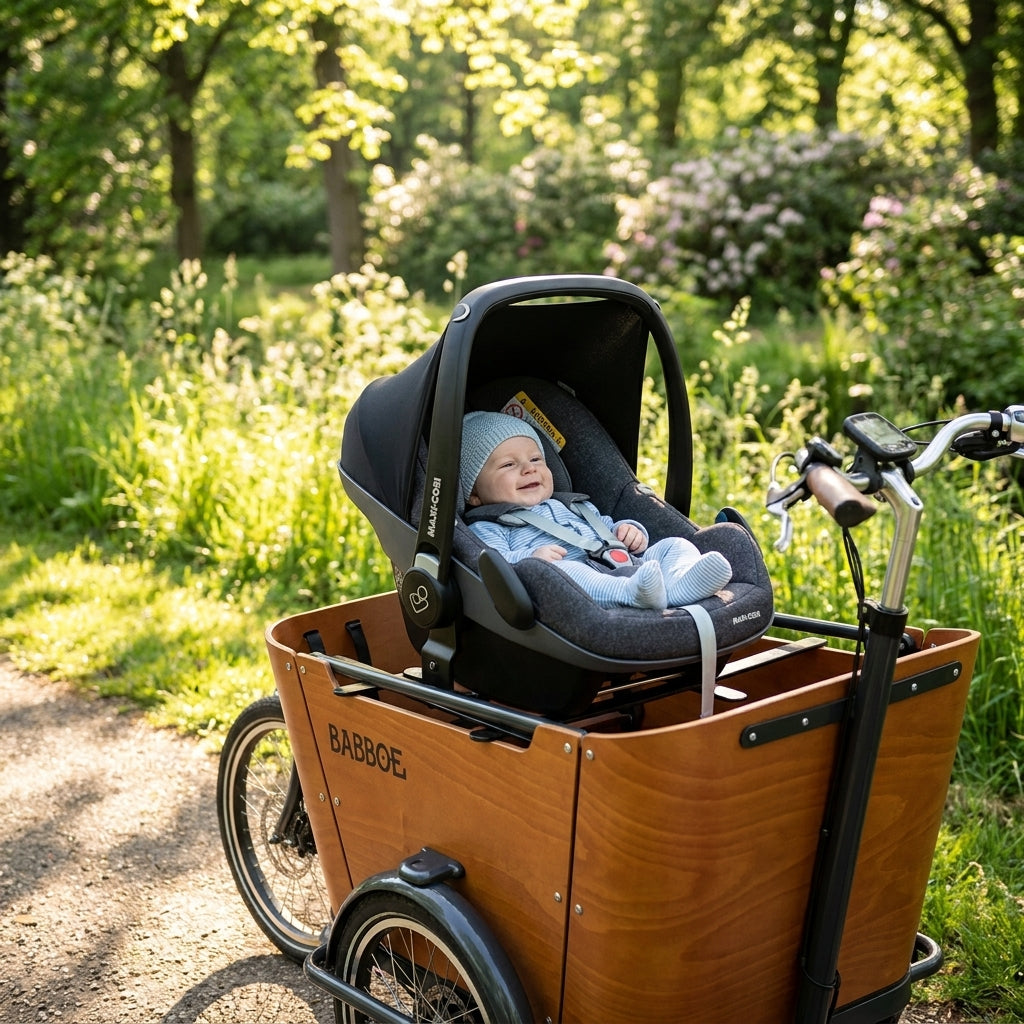 Babboe Steco Untersatz für Maxi-Cosi-Halterung Baby-Mee im Lastenrad mit lachendem Baby.