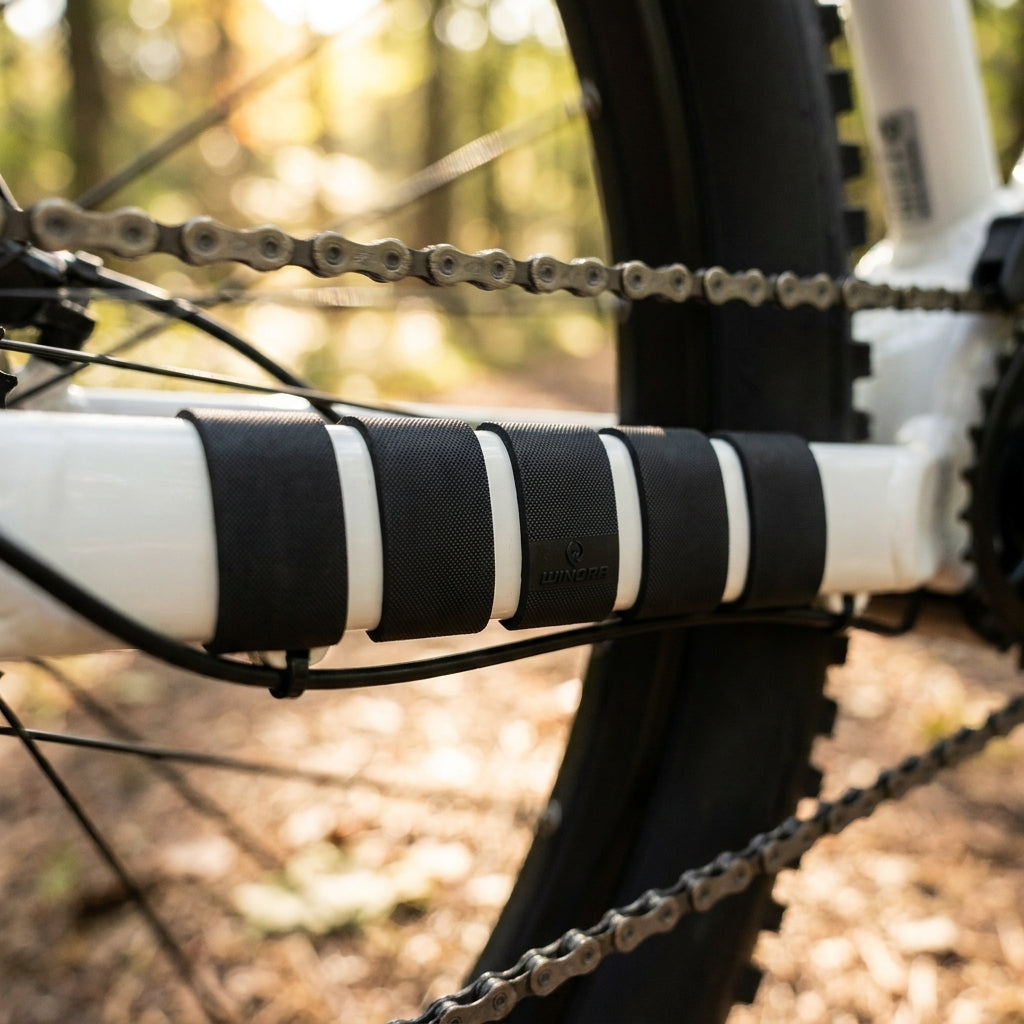 Nahaufnahme von Winora Kettenstrebenschutz auf weißer Fahrrad-Kettenstrebe mit Logo und Fahrradkette im Detail.