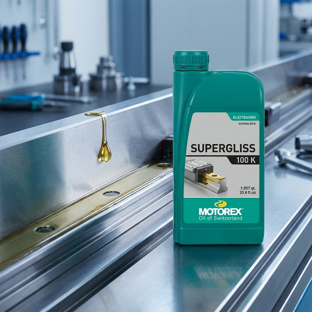 Motorex Supergliss 100 K Ölflasche, daneben goldener Schmiermittel-Tropfen auf einer silbernen Metallschiene.