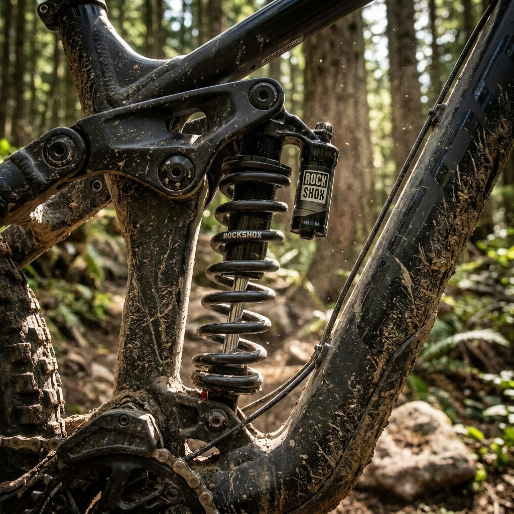 RockShox Metric Coil Feder (650LB, 134mm/47,5-55mm) an schlammigem Mountainbike im Wald.