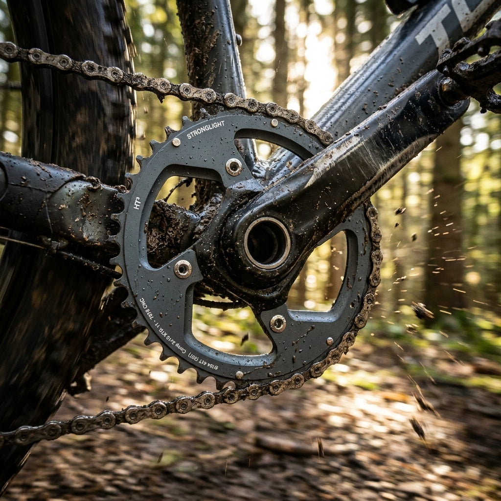 STRONGLIGHT HT3 Kettenblatt schwarz am schlammigen Mountainbike im Wald.