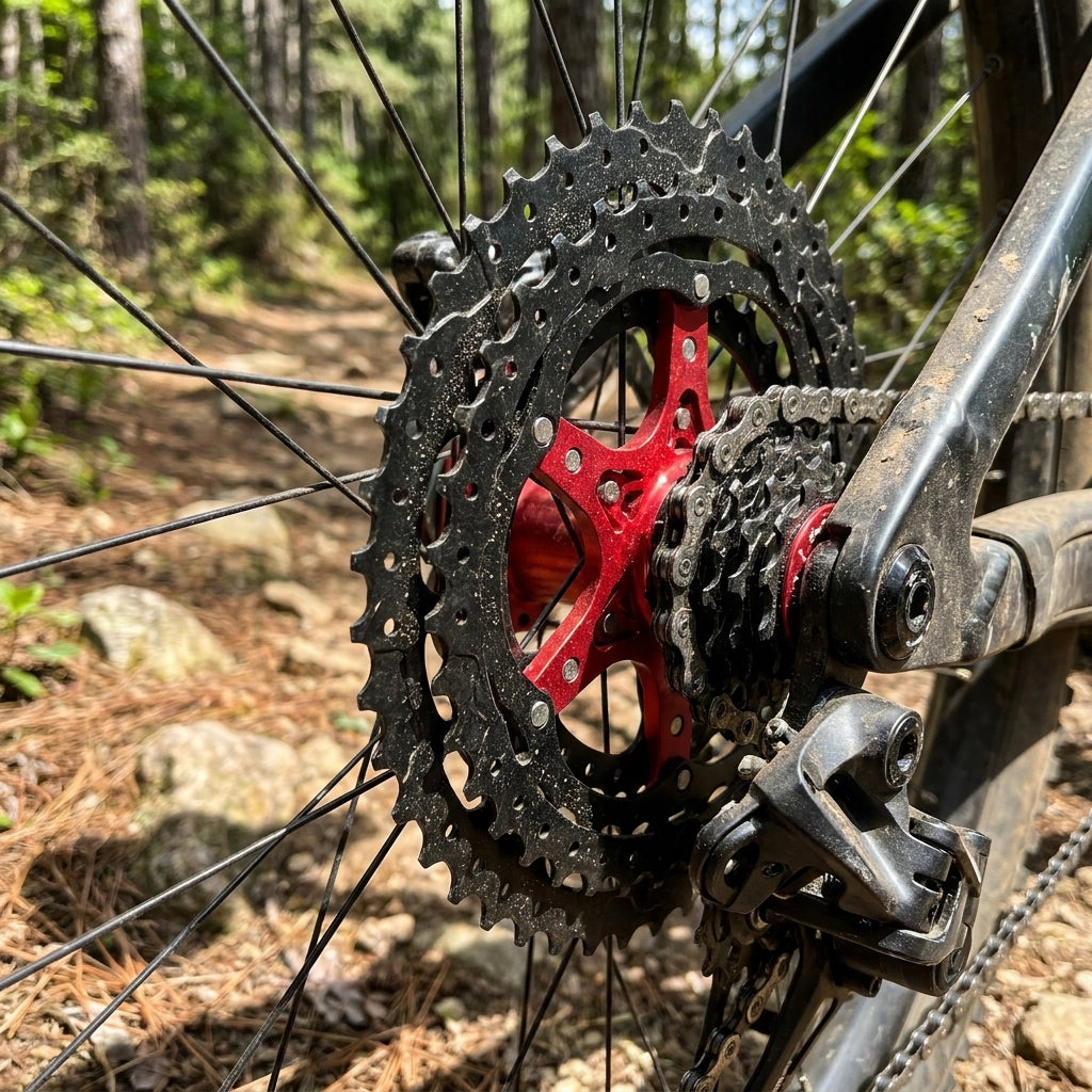 SunRace 12-fach Kassette CSMZ90 WA5 11-50 Zähne am Mountainbike-Hinterrad auf einem Waldweg.