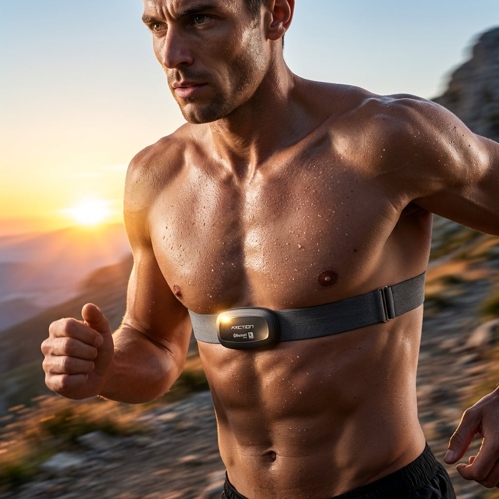 Verschwitzter Läufer trägt Elite Herzfrequenzgurt ANT+ Sensor am Oberkörper beim intensiven Outdoor-Training.