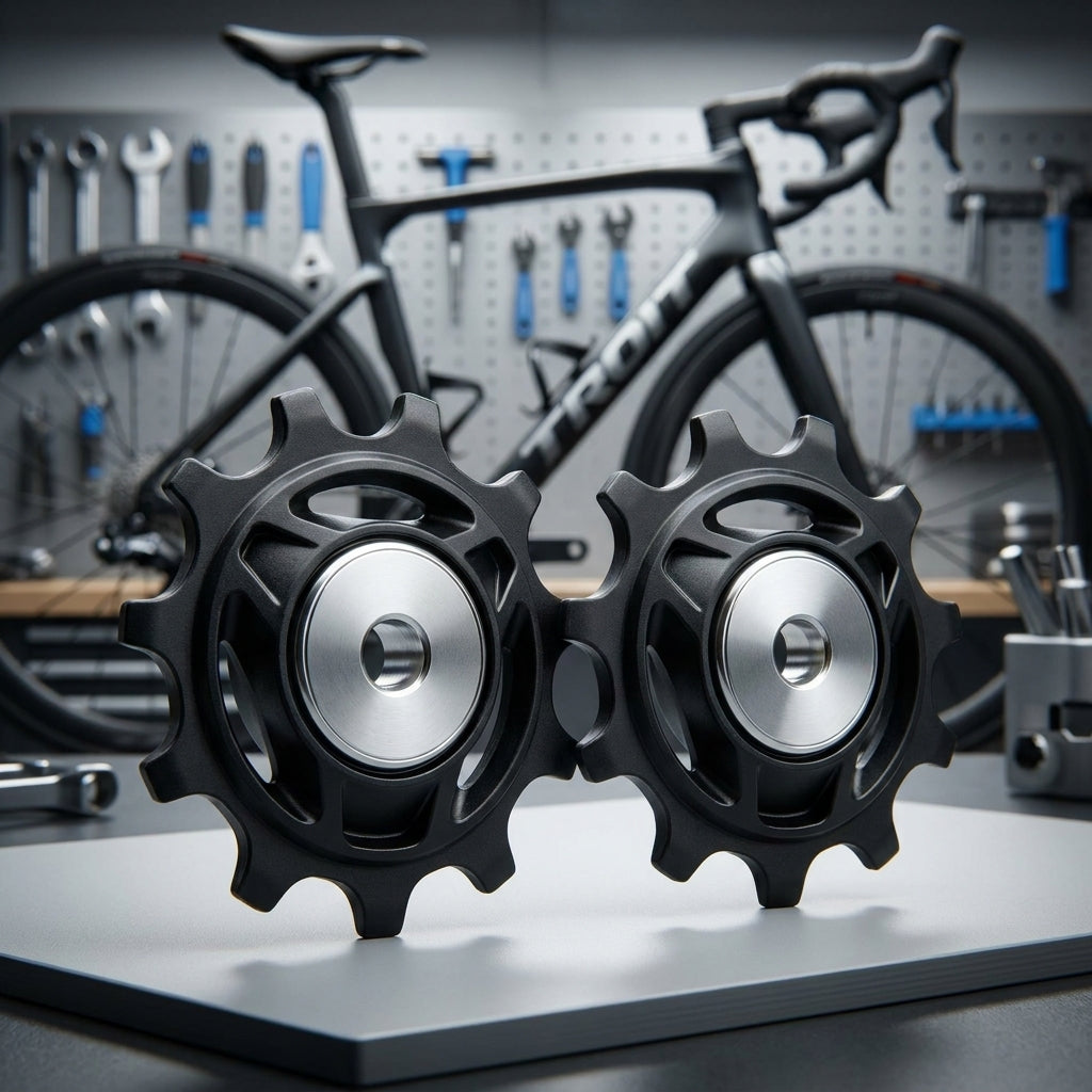 SHIMANO RD-R7100 Schaltrollensatz: Zwei schwarze Ersatzrollen für Schaltwerk, Rennrad im Hintergrund.
