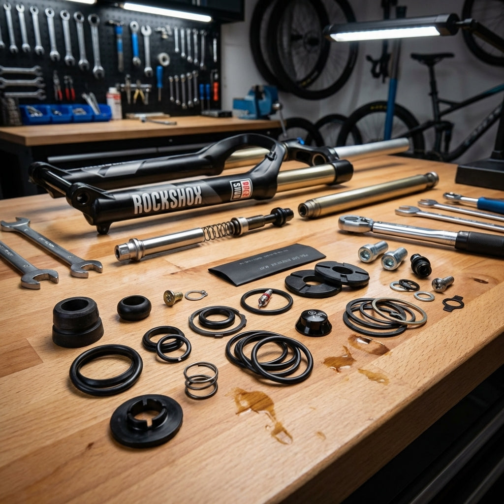RockShox Service Kit für Sector Argyle RCT Federgabel. Zerlegte Teile, Dichtungen und Werkzeug auf einer Werkbank.