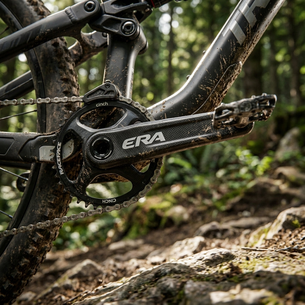 Race Face Era Carbon Kurbel, 160mm, schwarz, am Mountainbike. Leicht, steif, für präzise Kraftübertragung auf Trails.
