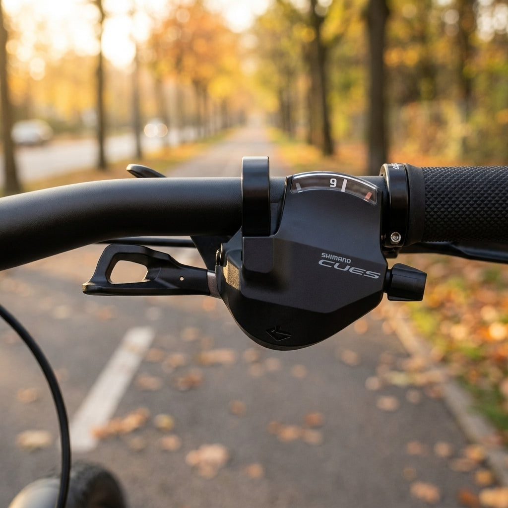 SHIMANO Schalthebel CUES SL-U4010 9-fach am Lenker, Fahrradfahrt im Herbst.