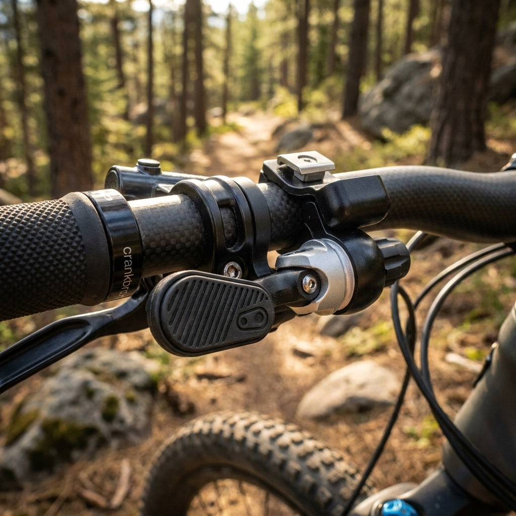 Crankbrothers Highline EVO Remote Kit I-Spec EV Dropper Post Hebel am MTB-Lenker im Wald.