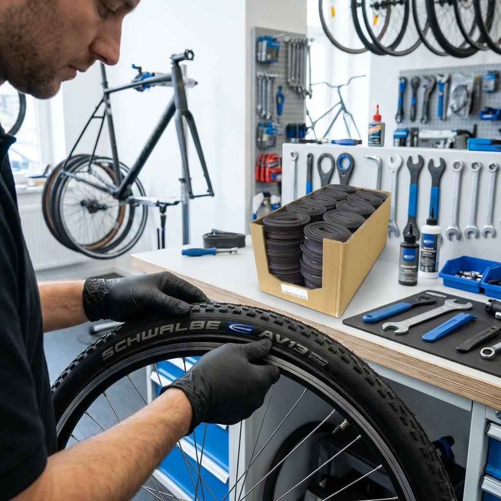 Mechaniker montiert Schwalbe Schlauch AV13 26 Zoll in Fahrradreifen. Werkstattkarton mit Schläuchen.
