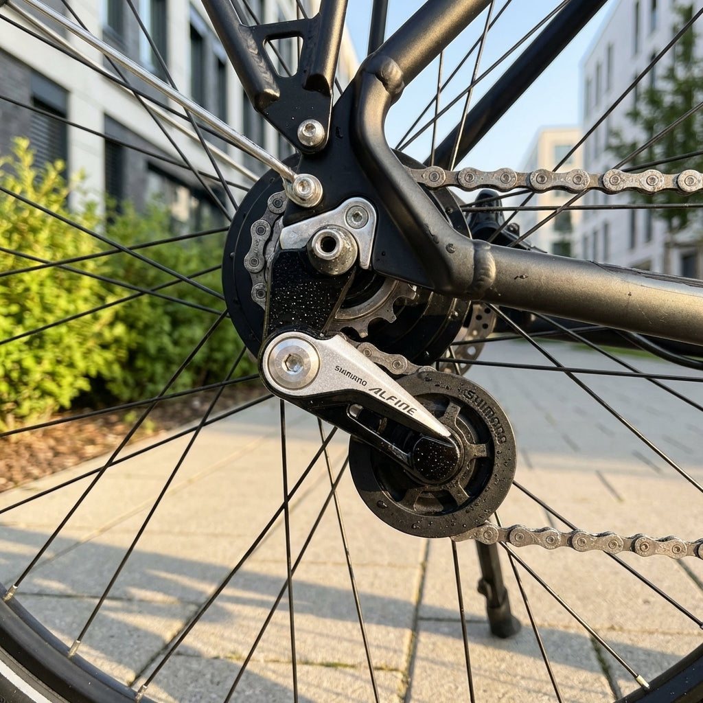 SHIMANO ALFINE Kettenspanner schwarz/silber am Fahrrad mit Nabenschaltung.