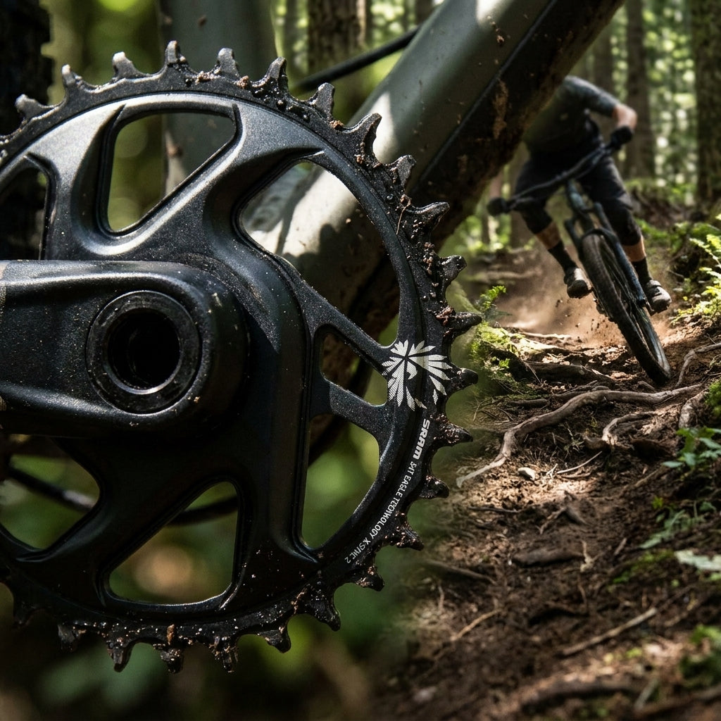 Schlammiges SRAM X-Sync Eagle Kettenblatt 34T Direct Mount Aluminium/Stahl am Mountainbike im Wald.