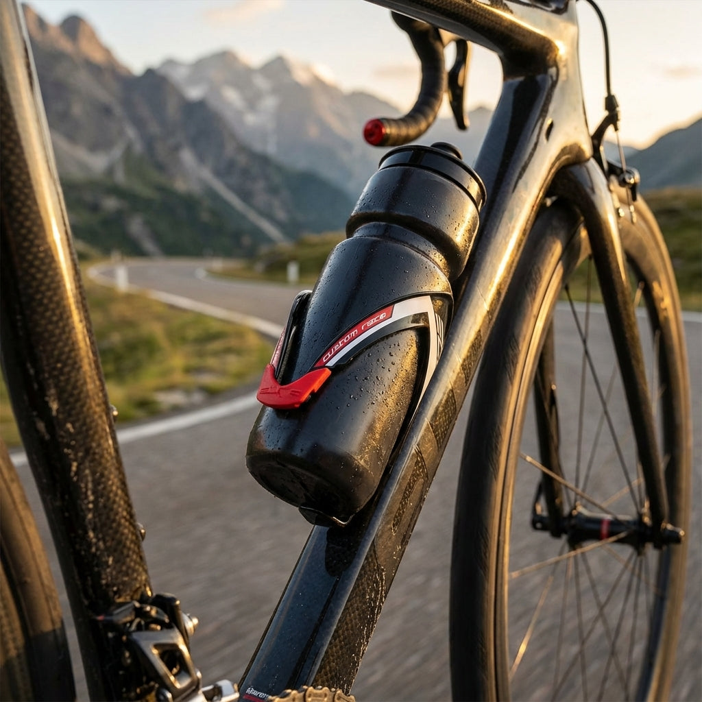 Elite Custom Race Flaschenhalter schwarz/rot glanz am Rennrad, feuchte Trinkflasche, Bergstraße mit Alpenkulisse.
