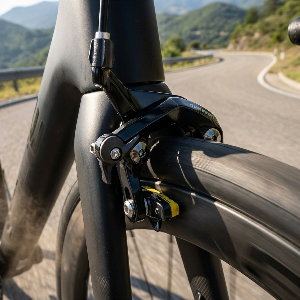SRAM S900 Direct Mount Felgenbremse vorne am Rennrad mit SwissStop Pro Belägen auf kurviger Straße.
