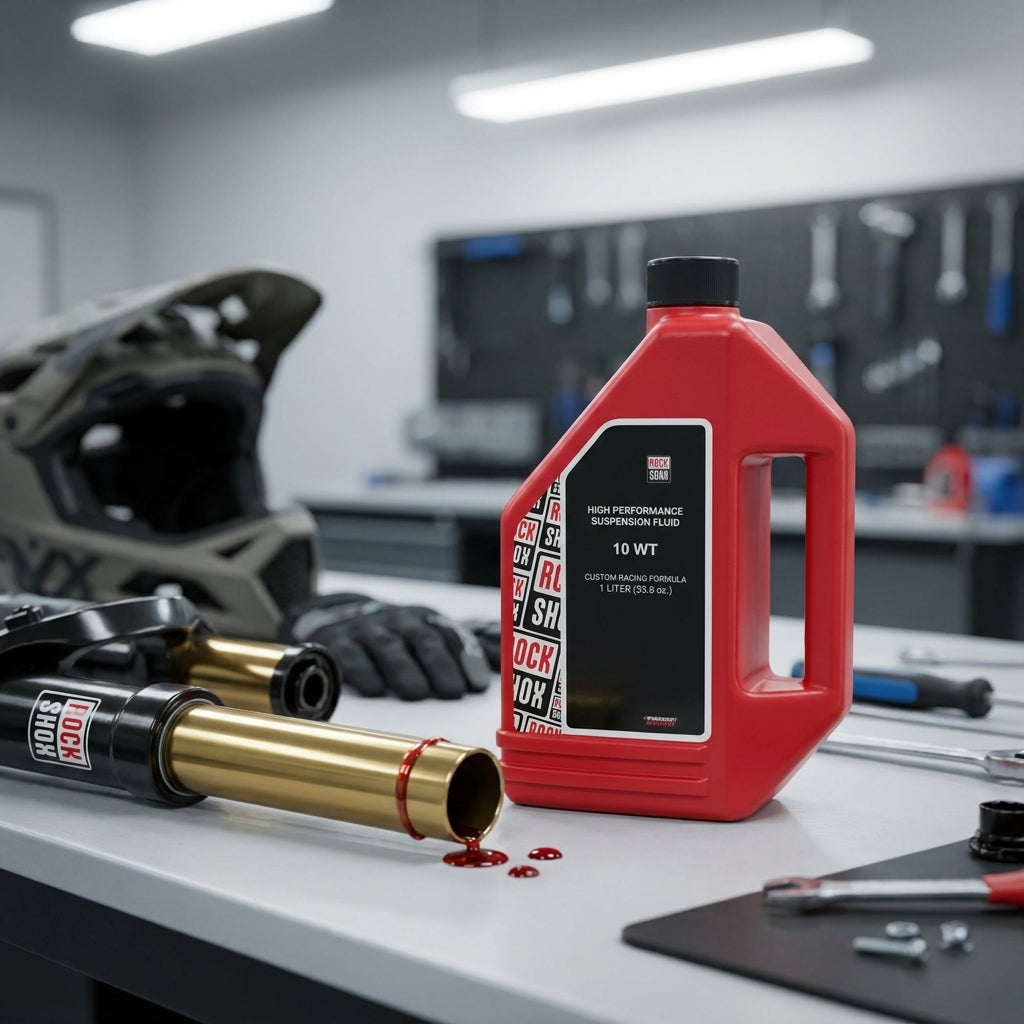 RockShox 10 WT Federgabelöl 1 Liter Flasche mit roter Flüssigkeit und Federgabel in Werkstatt.