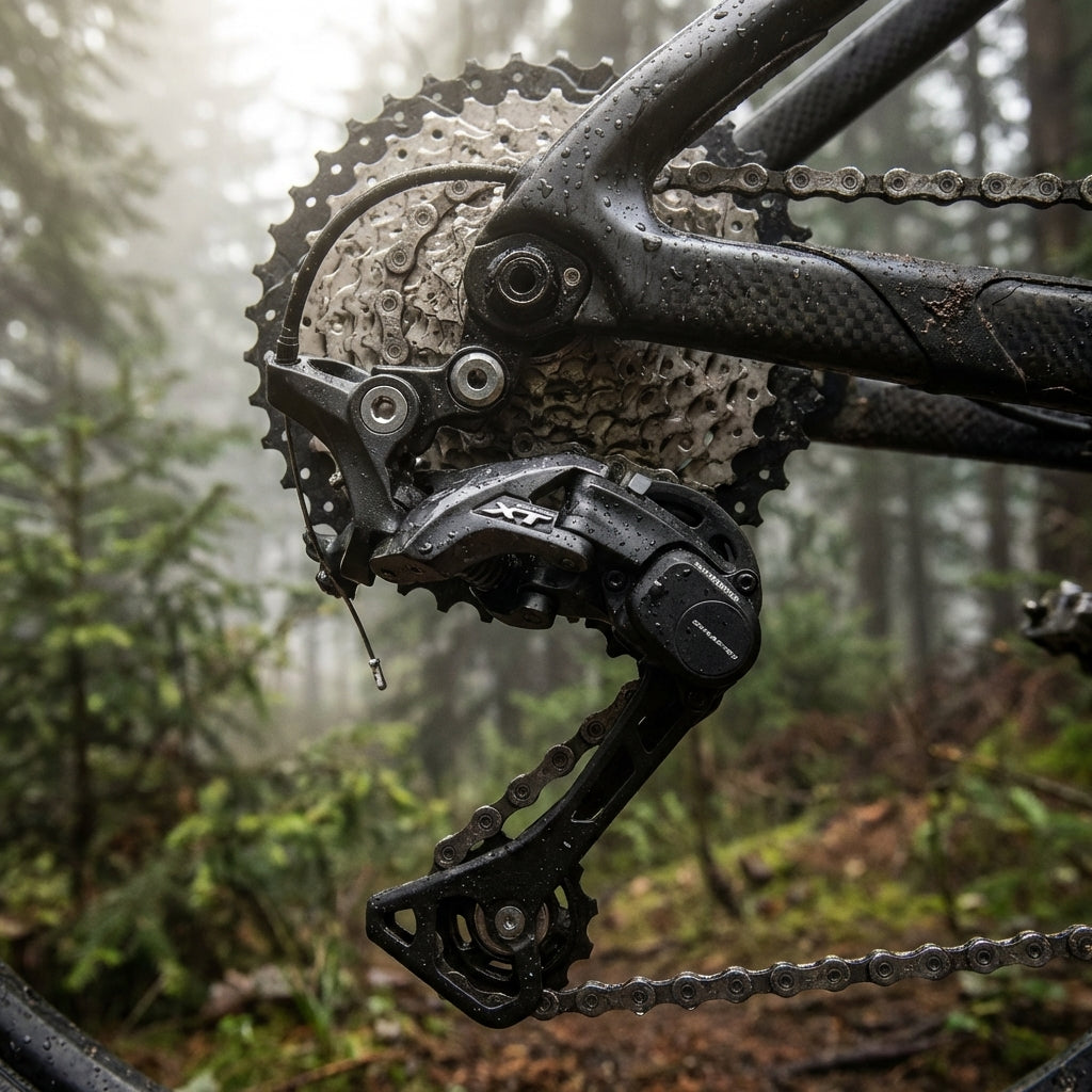SHIMANO DEORE XT RD-M8000 11-fach Direktmontage Schaltwerk am Mountainbike im nassen Wald.