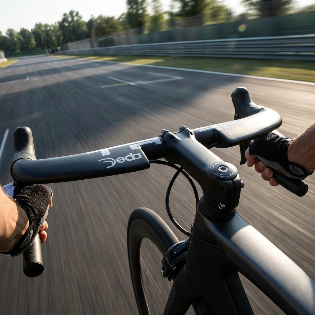 Deda Tribar DCR Carbon Lenker 42cm an Fahrrad auf Rennstrecke, aerodynamischer Zeitfahrlenker.