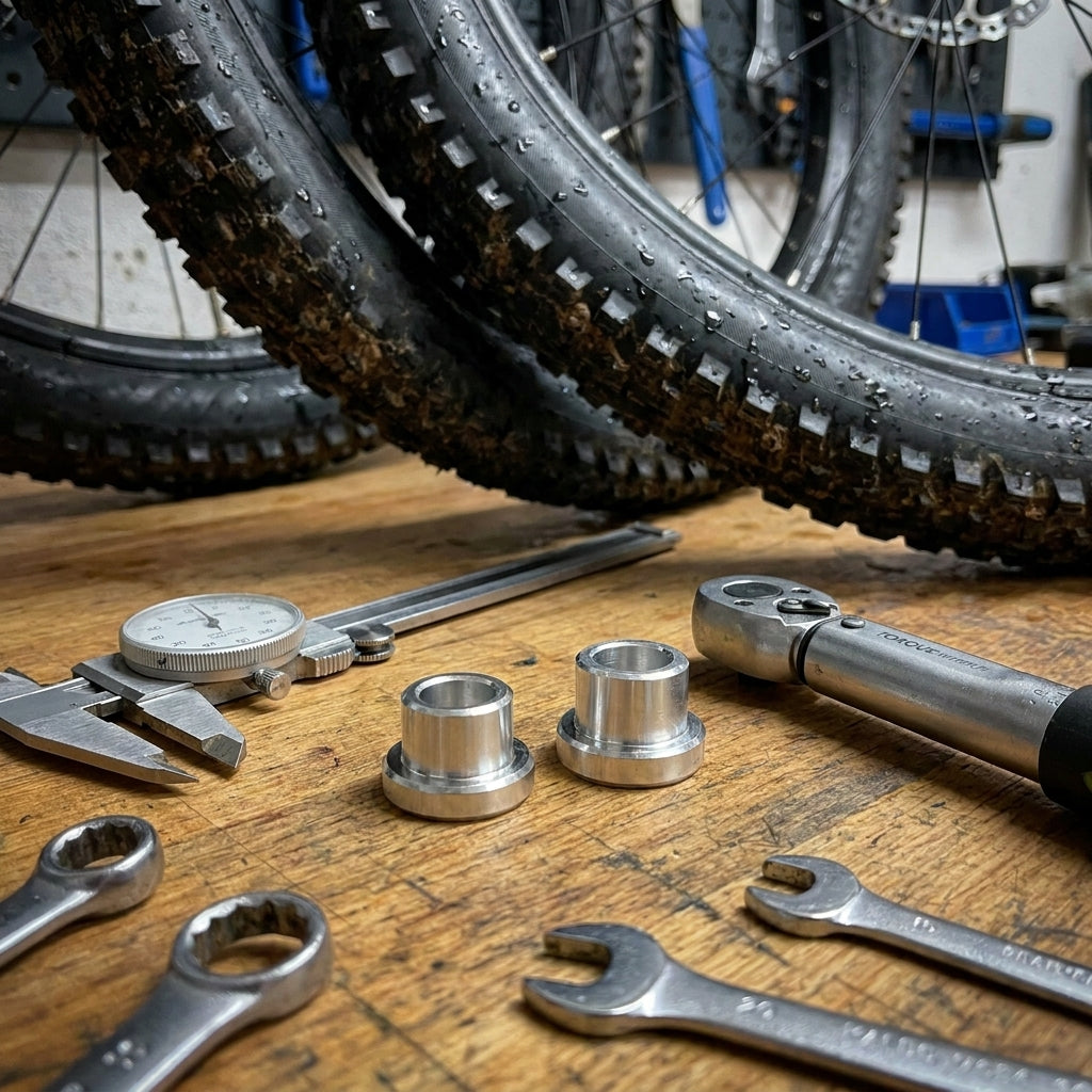 XLC Buchsen für Federdämpfer Ø8mm/12mm für 35mm per Paar auf Werkbank mit Werkzeug und MTB-Reifen.