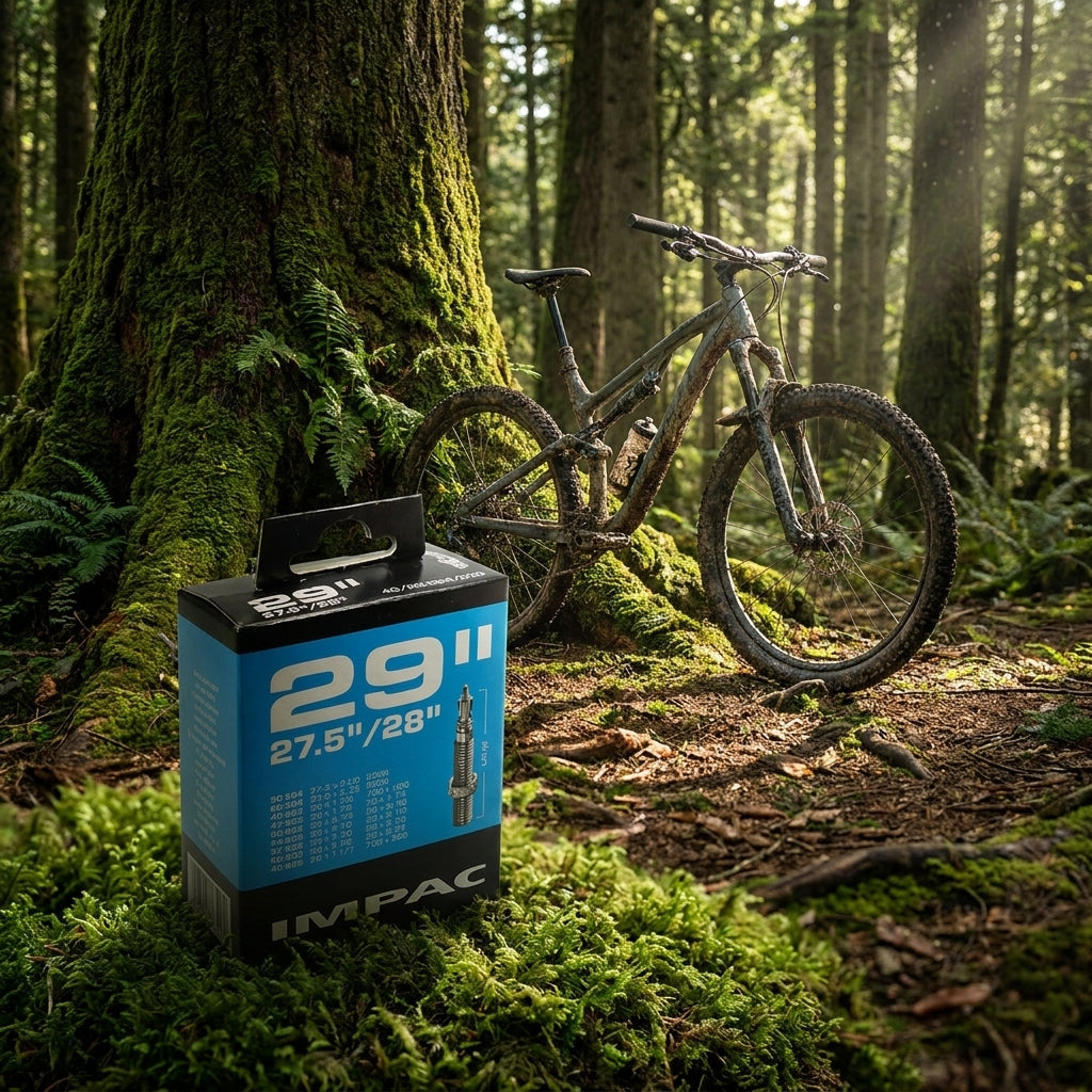 Impac 29" Fahrradschlauch-Verpackung mit Sclaverand-Ventil im Wald vor schmutzigem Mountainbike auf Moos.
