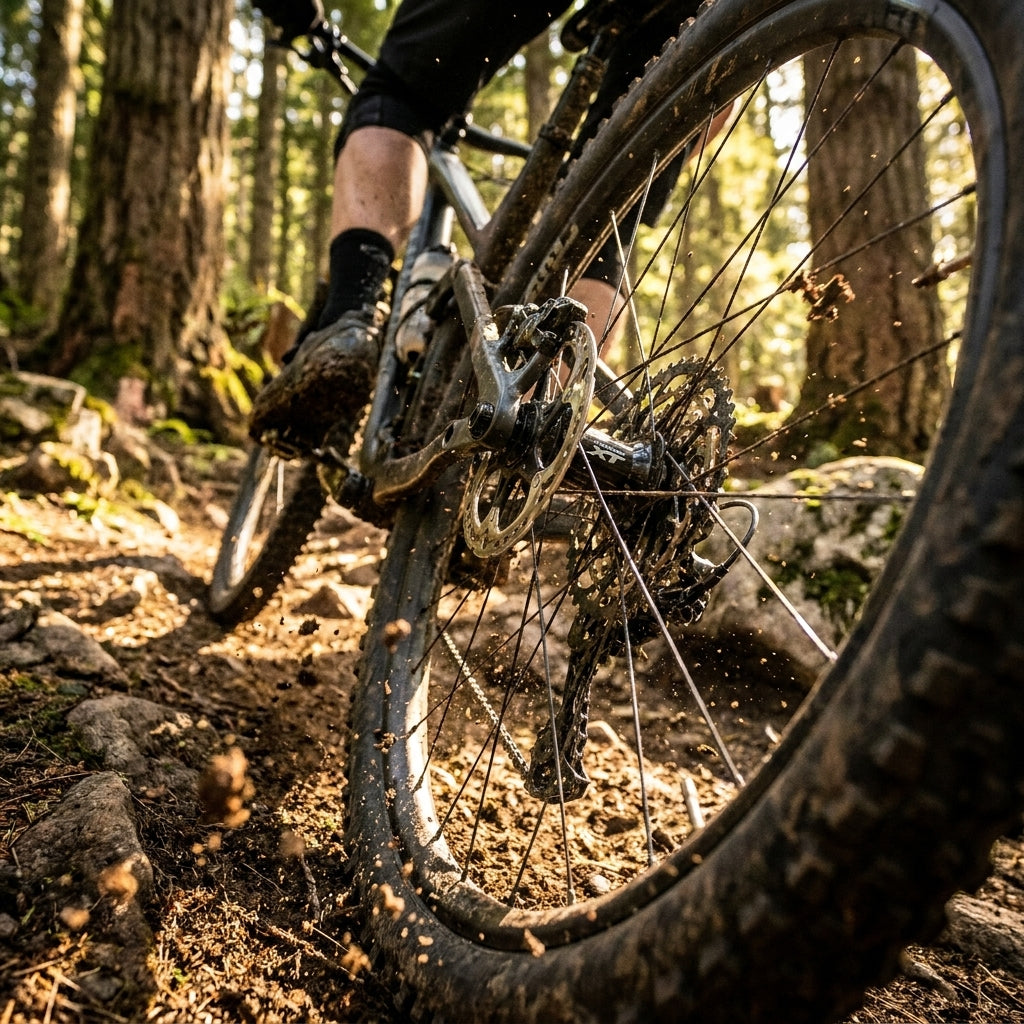 SHIMANO DEORE XT FH-M8110 12-fach Hinterradnabe Center-Lock auf Mountainbike-Trail, Schlamm spritzt.