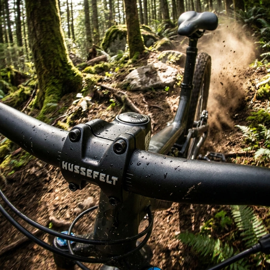 Schwarzer Truvativ Hussefelt Ahead Vorbau an Mountainbike auf waldigem Trail in Fahrt.
