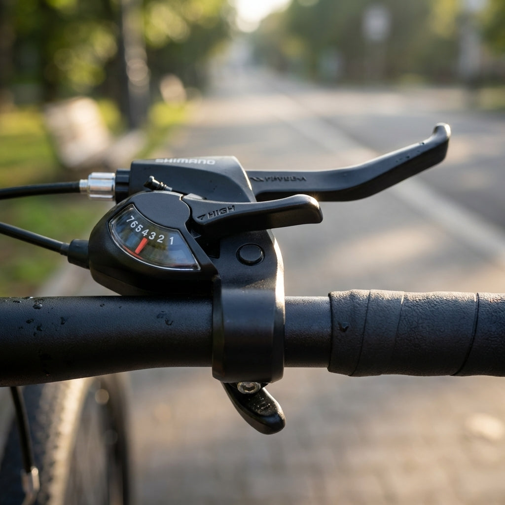 SHIMANO ST-EF41 Schalt-/Bremshebel rechts, 6-fach, schwarz, mit Ganganzeige am Fahrradlenker.