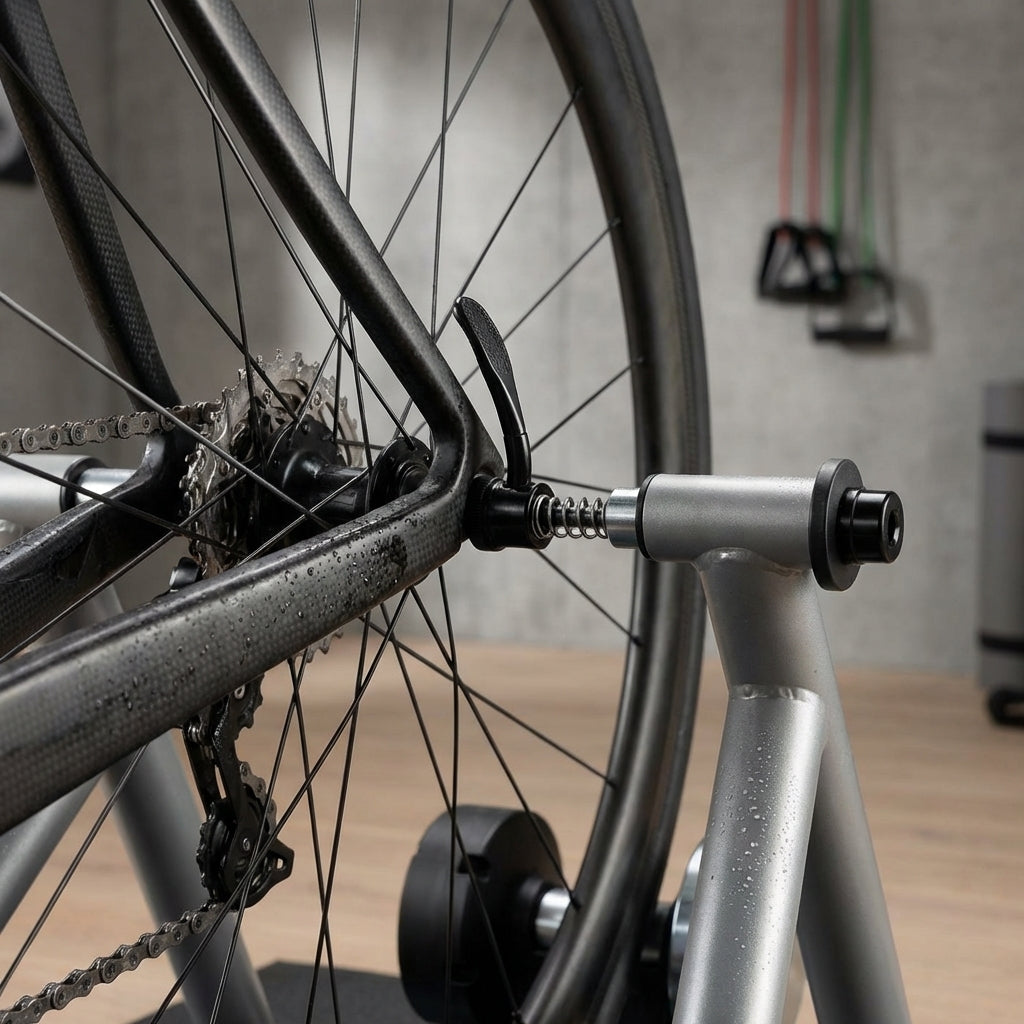 Tacx Universalschnellspanner am Fahrradtrainer für sicheren Halt des Hinterrads beim Indoor-Training.